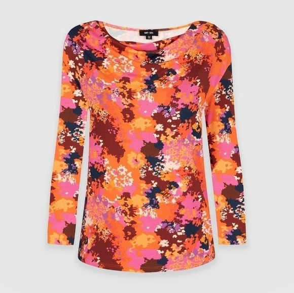 Saint & Sofia Tops - Saint + Sofia Sea Floral Cowl Neck Long  Sleeve